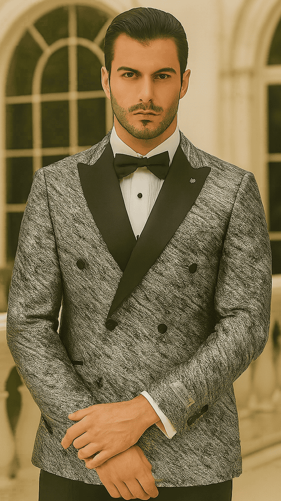 Silver double-breasted jacket. Rough streak pattern, satin peak lapels. Textured fabric with mixed shades, polished finish. Sophisticated and eye-catching design.
