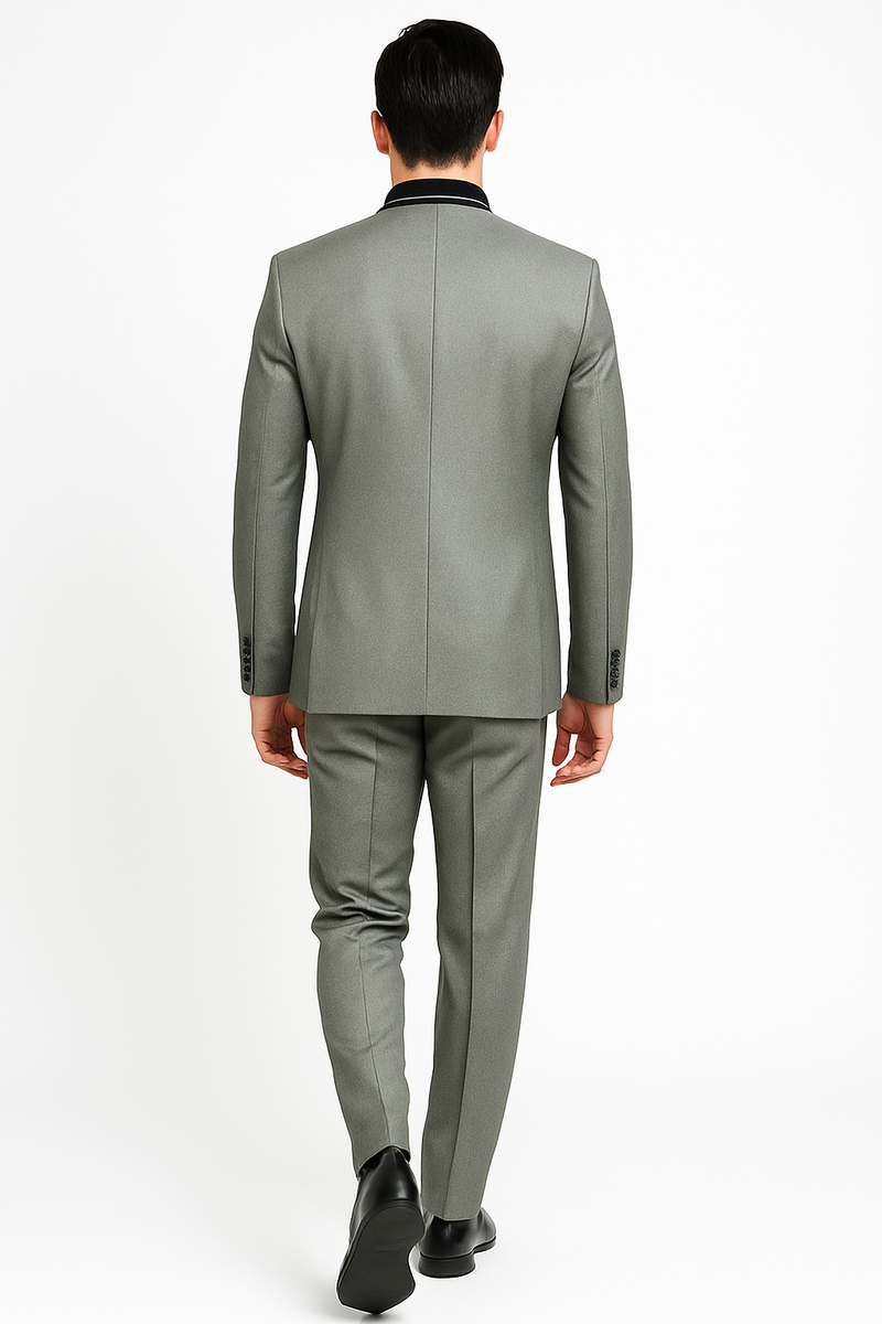 Mens 4 button Mandarin Tuxedo in Sharkskin Silver Grey with Black Trim