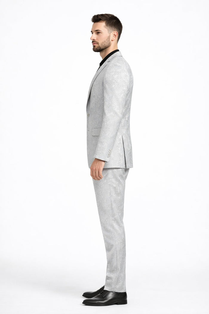 Mens Paisley Pattern Suit in Silver – Slim Fit Formal 2-Piece Set