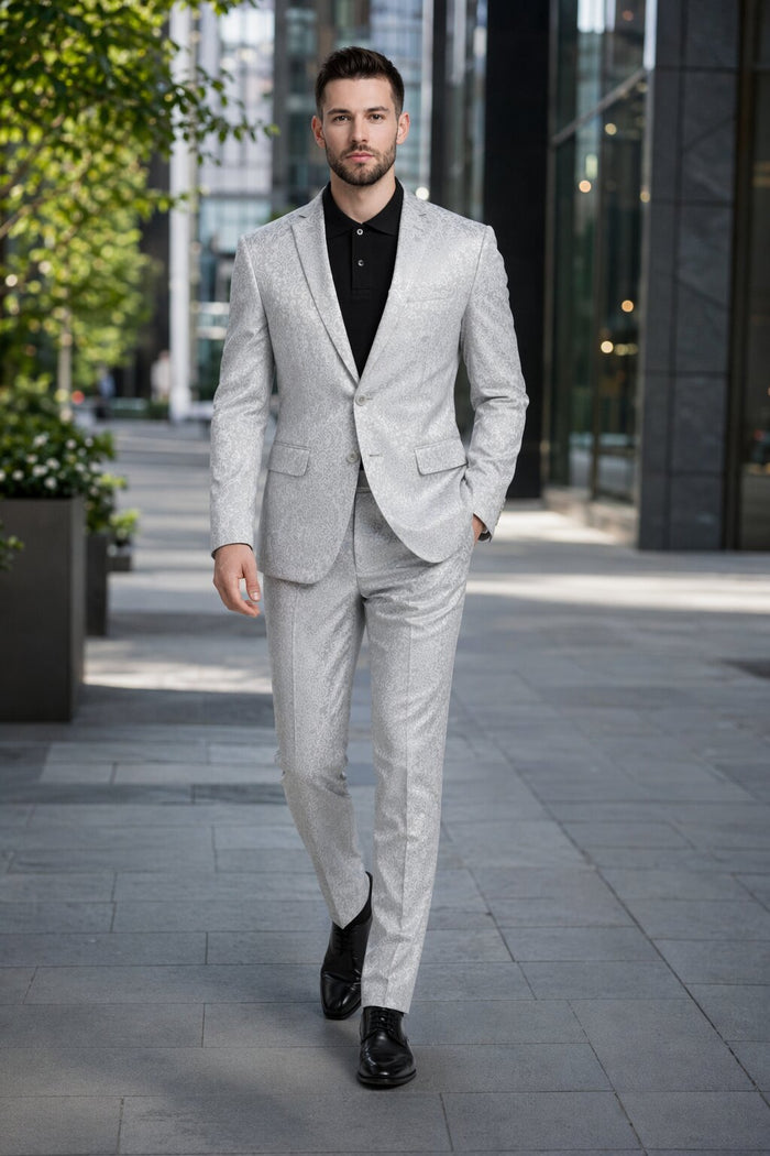 Mens Paisley Pattern Suit in Silver – Slim Fit Formal 2-Piece Set