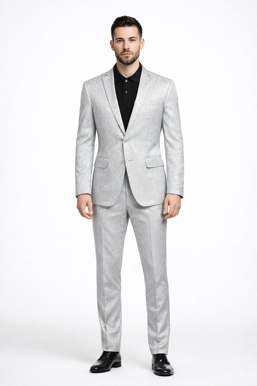 Mens Paisley Pattern Suit in Silver – Slim Fit Formal 2-Piece Set