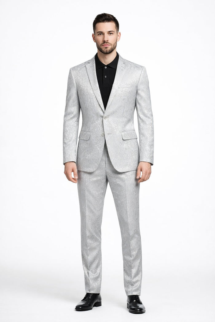 Mens Paisley Pattern Suit in Silver – Slim Fit Formal 2-Piece Set