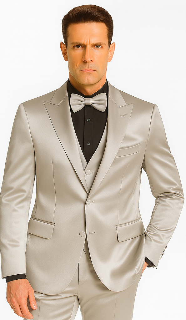 Silver Tazzio men's 3-piece suit in polished satin. Peak lapel, 2-button closure, and a structured fit. Includes jacket, vest, and slim trousers in a consistent light silver color.