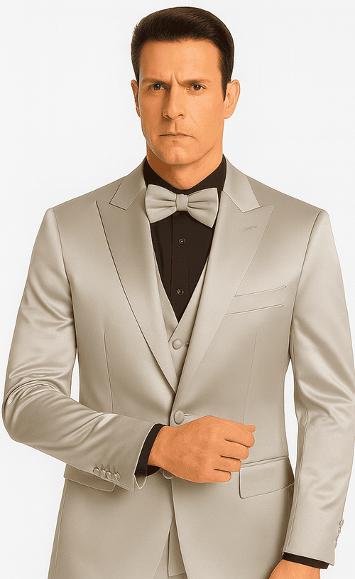 Stylish Silver Satin 3 Piece Skinny Fit Tazzio Men's Suit with Peak Lapel Suit