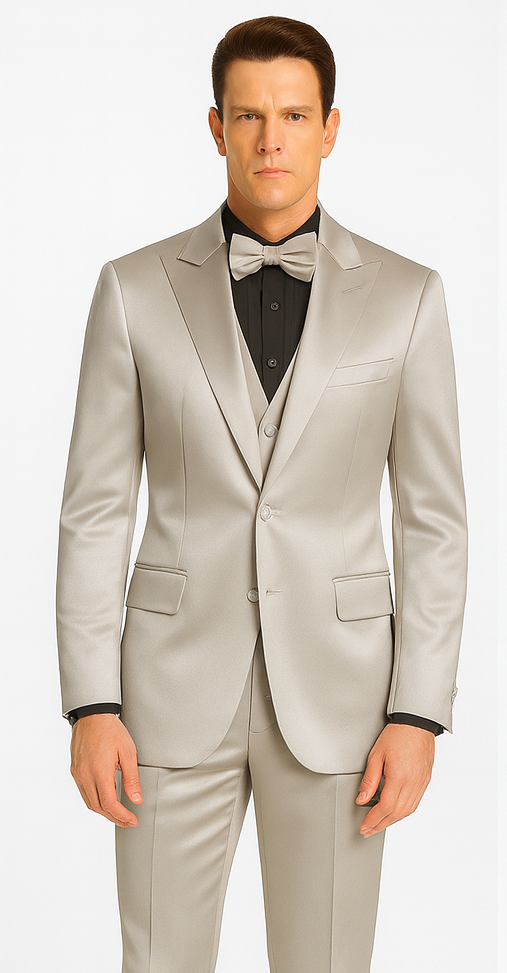 Silver satin 3-piece skinny fit suit with peak lapel. Includes a tailored jacket (single-button, 2 pockets), vest, and slim-fit trousers. Smooth, subtly shiny fabric.