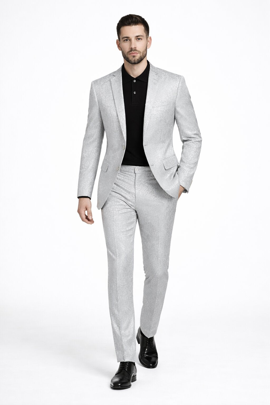 Mens Paisley Pattern Suit in Silver – Slim Fit Formal 2-Piece Set