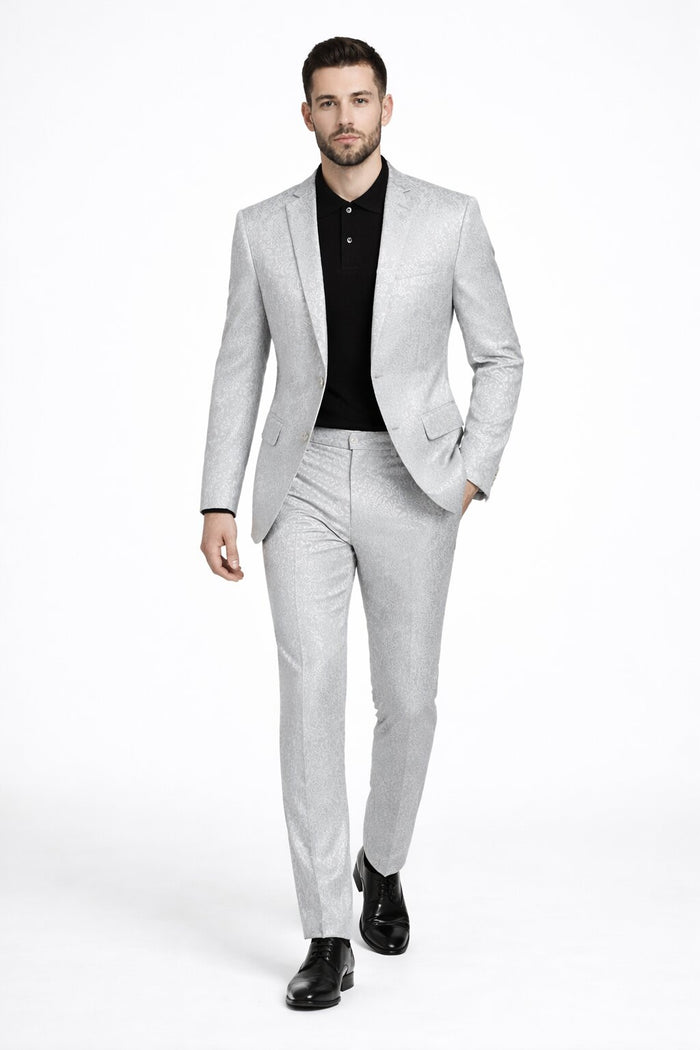 Mens Paisley Pattern Suit in Silver – Slim Fit Formal 2-Piece Set