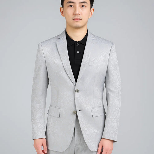Mens Slim Fit Shiny Paisley Prom and Silver Grey Wedding Suit