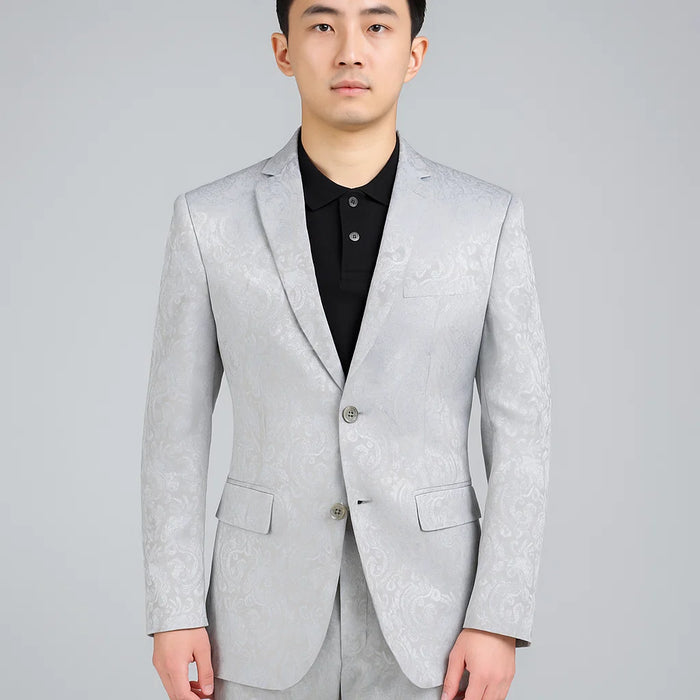 Mens Slim Fit Shiny Paisley Prom and Silver Grey Wedding Suit