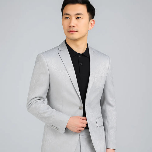 Mens Slim Fit Shiny Paisley Prom and Silver Grey Wedding Suit