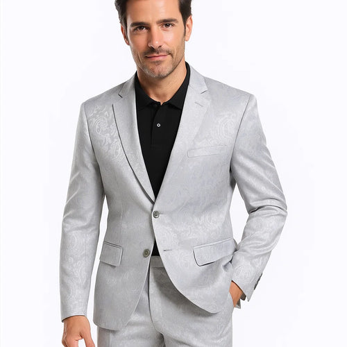 Mens Slim Fit Shiny Paisley Prom and Silver Grey Wedding Suit