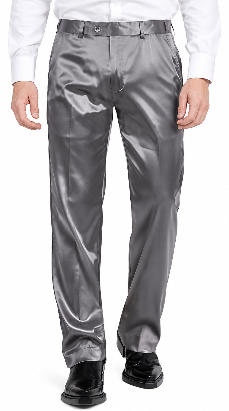 Mens Shiny Stretch Pants Solid Color Slim Fit Sateen Flashy Metallic Slacks in Color "Grey"