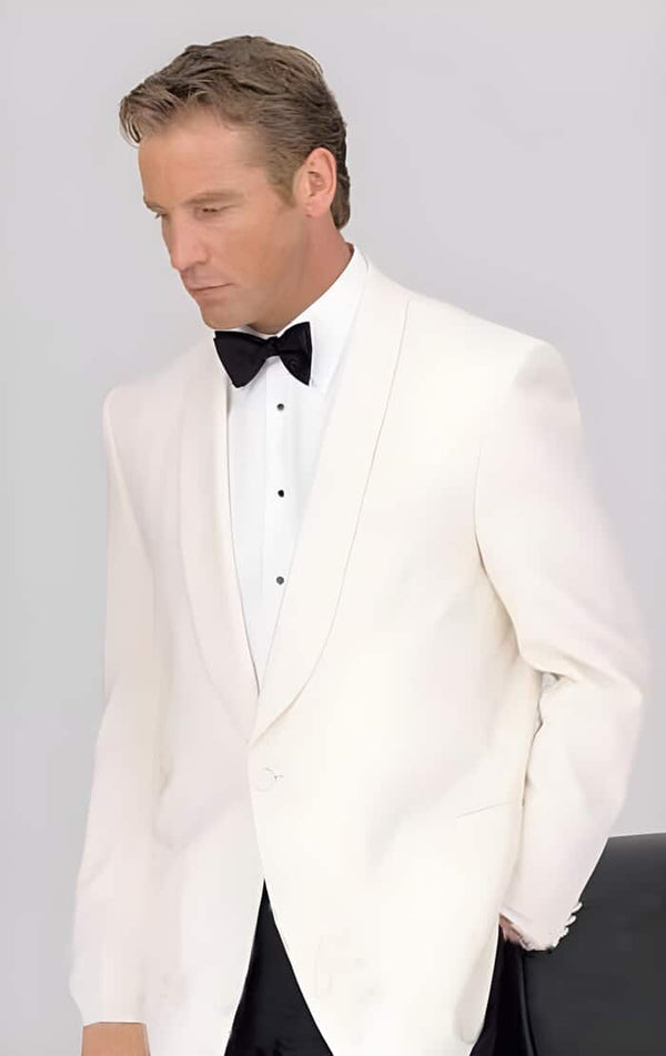 Mens White Tuxedo Jacket Single Buttons Shawl Collared Dinner Jackets - Ivory (Cream - Ivory - Off White) Tropical fabric Tuxedo / Graduation Homecoming Outfits