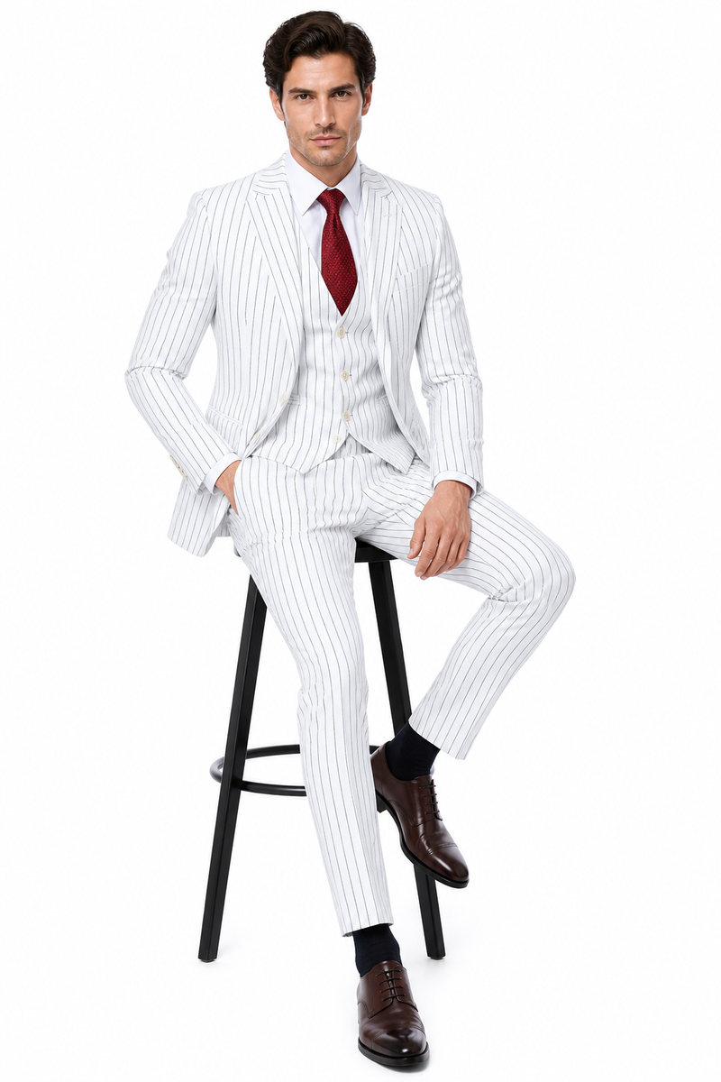 SKU#JA60387 White Suit With Black Pinstripe - 1920'S 1940'S Dress Suit