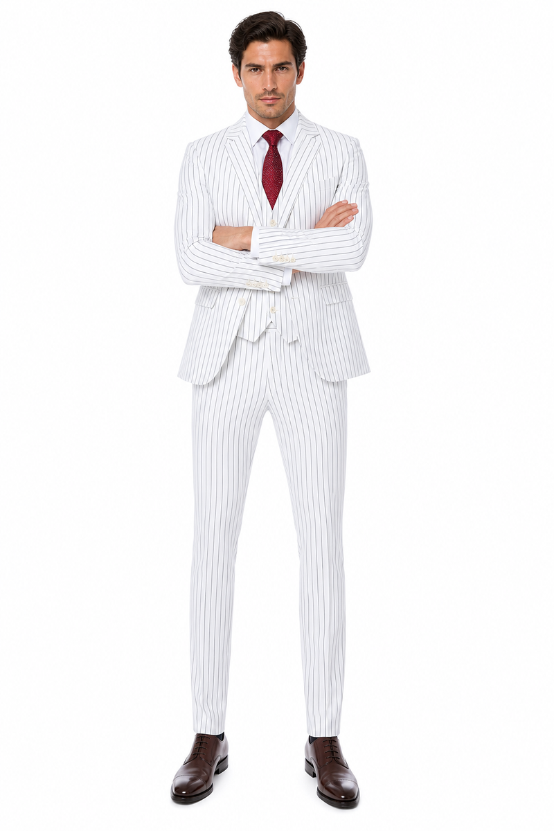 SKU#JA60387 White Suit With Black Pinstripe - 1920'S 1940'S Dress Suit
