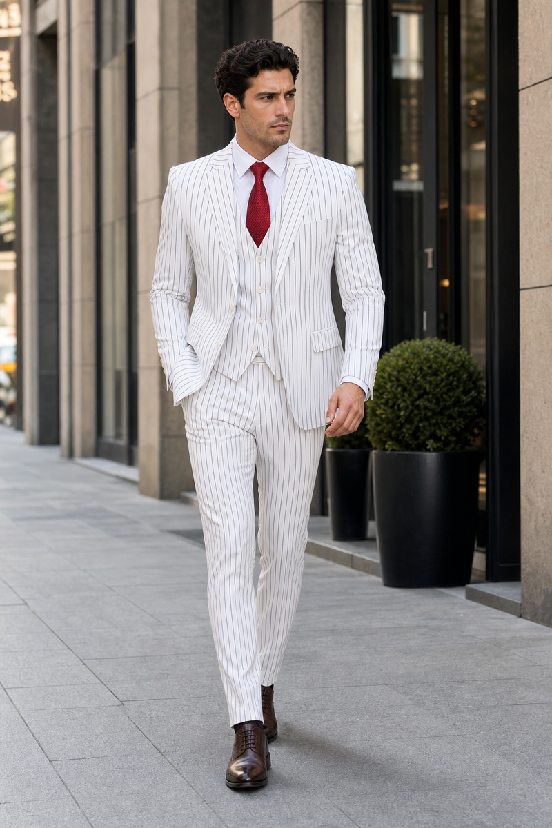 SKU#JA60387 White Suit With Black Pinstripe - 1920'S 1940'S Dress Suit