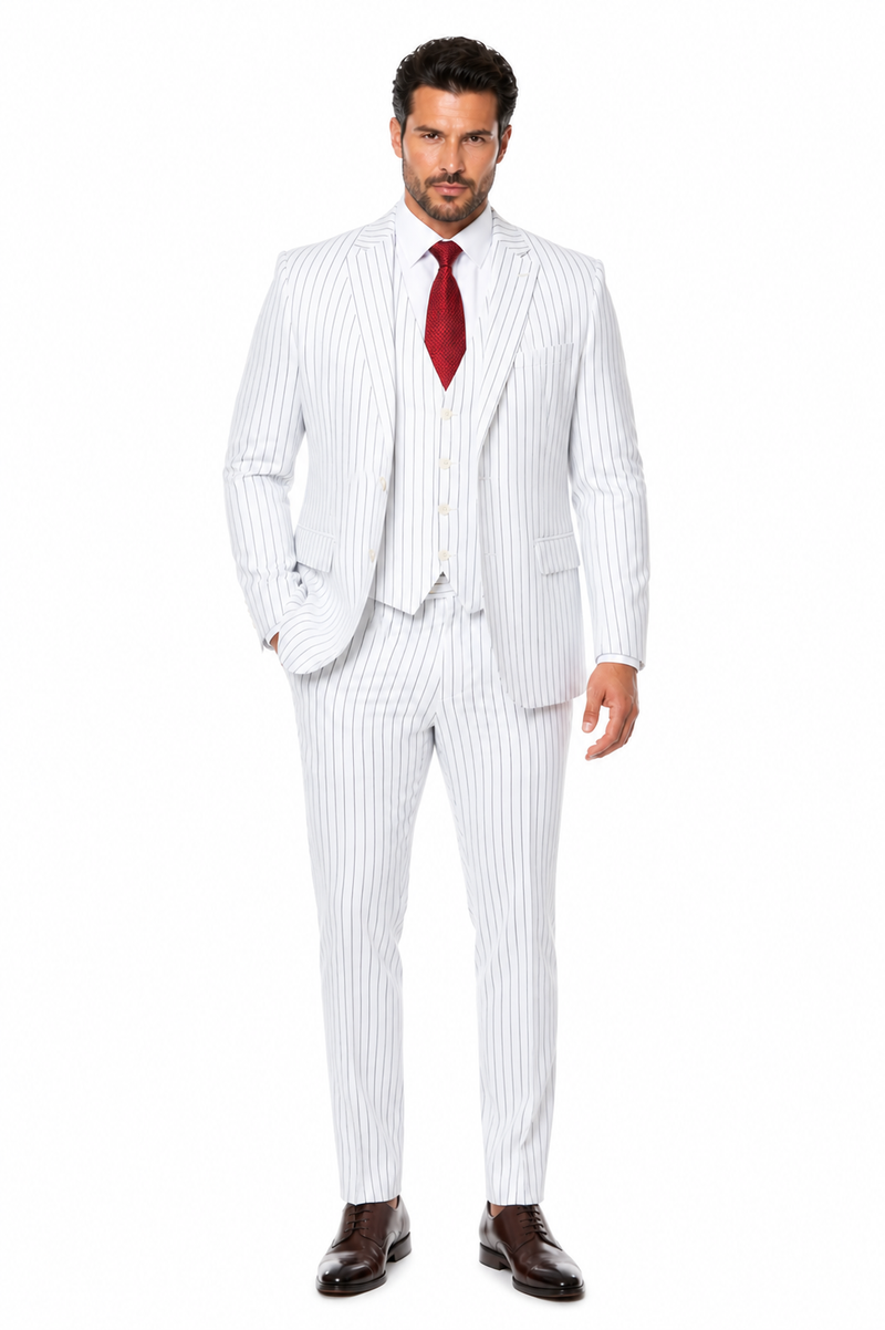 SKU#JA60387 White Suit With Black Pinstripe - 1920'S 1940'S Dress Suit
