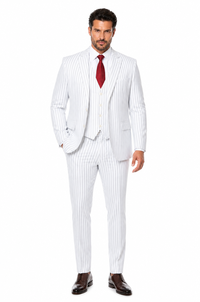 SKU#JA60387 White Suit With Black Pinstripe - 1920'S 1940'S Dress Suit
