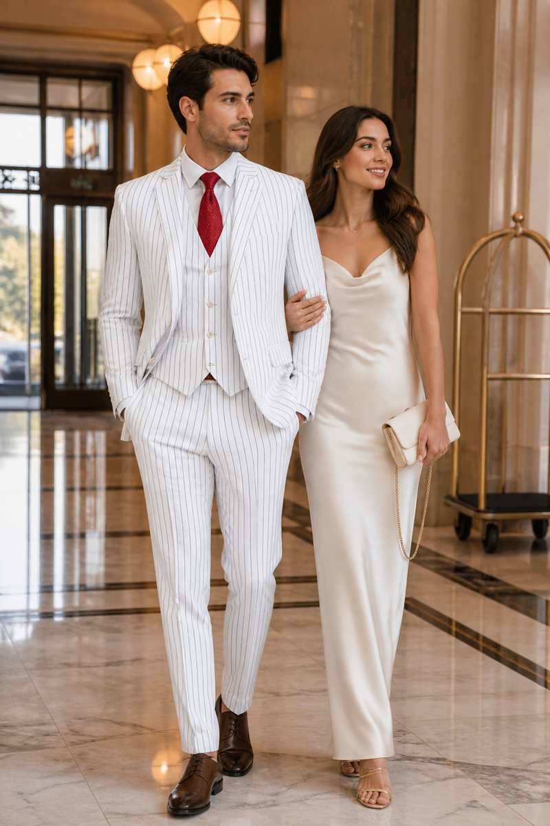 SKU#JA60387 White Suit With Black Pinstripe - 1920'S 1940'S Dress Suit