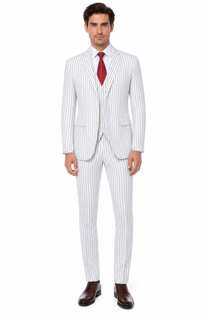 SKU#JA60387 White Suit With Black Pinstripe - 1920'S 1940'S Dress Suit