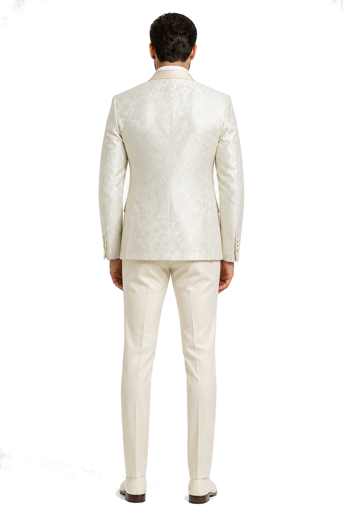 SKU#JA61572 Cream Suit - Ivory Tuxedo - Off White Paisley Suit - Floral Tuxedo - Wedding Tuxedo