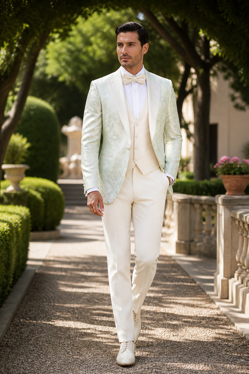 SKU#JA61572 Cream Suit - Ivory Tuxedo - Off White Paisley Suit - Floral Tuxedo - Wedding Tuxedo
