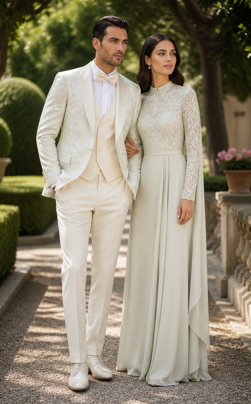 SKU#JA61572 Cream Suit - Ivory Tuxedo - Off White Paisley Suit - Floral Tuxedo - Wedding Tuxedo