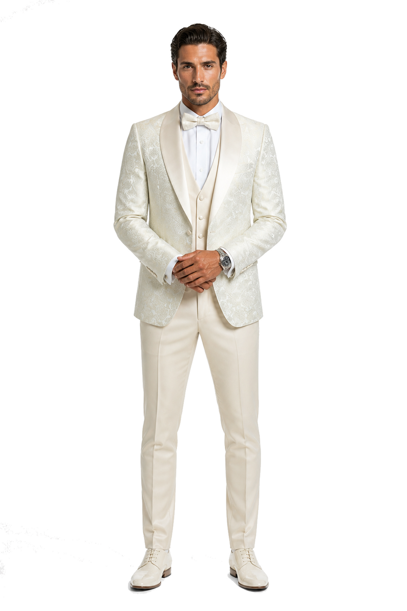 SKU#JA61572 Cream Suit - Ivory Tuxedo - Off White Paisley Suit - Floral Tuxedo - Wedding Tuxedo