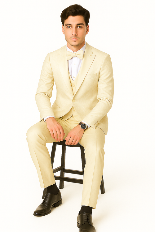 SKU#JA61572 Cream Suit - Ivory Tuxedo - Off White Paisley Suit - Floral Tuxedo - Wedding Tuxedo