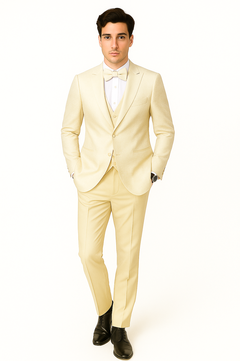 SKU#JA61572 Cream Suit - Ivory Tuxedo - Off White Paisley Suit - Floral Tuxedo - Wedding Tuxedo