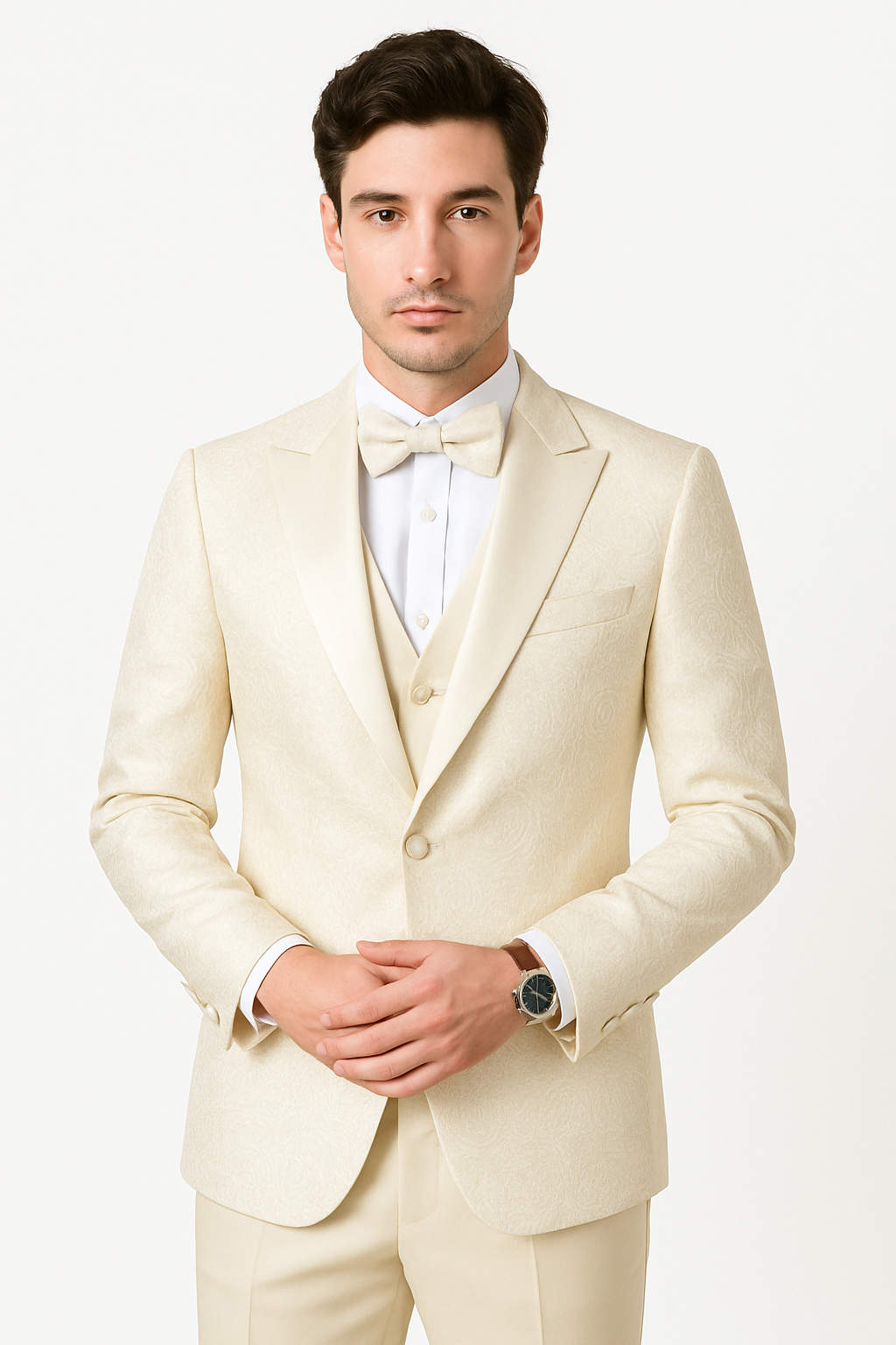 SKU#JA61572 Cream Suit - Ivory Tuxedo - Off White Paisley Suit - Floral Tuxedo - Wedding Tuxedo