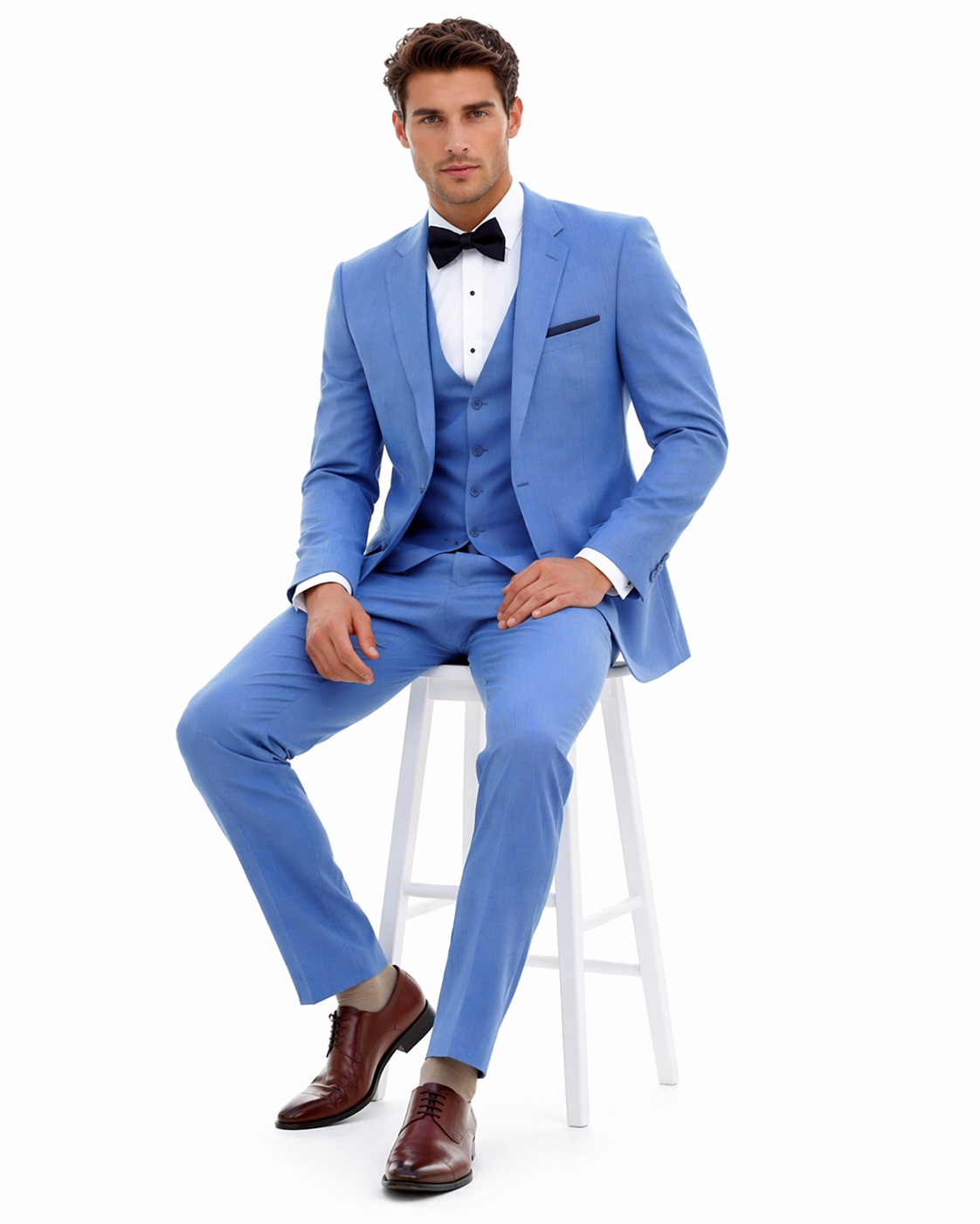 Sky Blue ~ Powder Steel Blue Suit 2 button Vested Flat Front Pants - Dusty Blue Suit