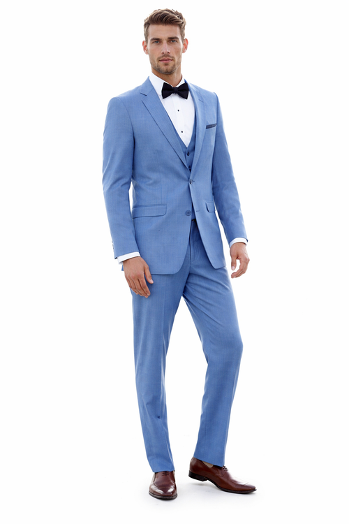 Sky Blue ~ Powder Steel Blue Suit 2 button Vested Flat Front Pants - Dusty Blue Suit