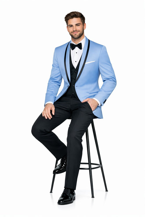 Mens Designer Satin Trim Valencia Shawl Tuxedo in Sky Blue