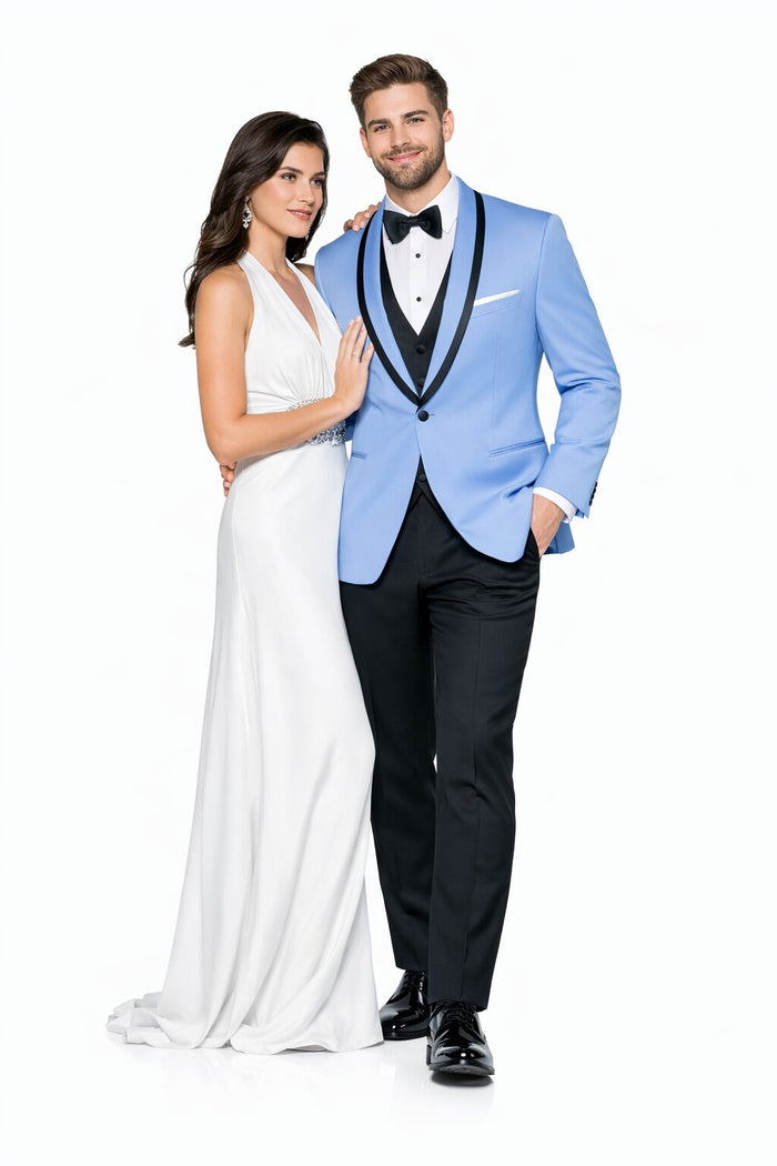 Mens Designer Satin Trim Valencia Shawl Tuxedo in Sky Blue