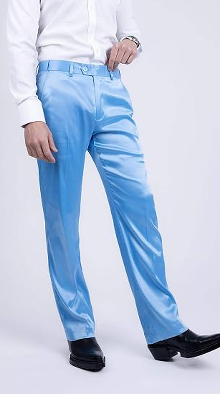Mens Shiny Stretch Pants Solid Color Slim Fit Sateen Flashy Metallic Slacks in Color "Sky Blue"