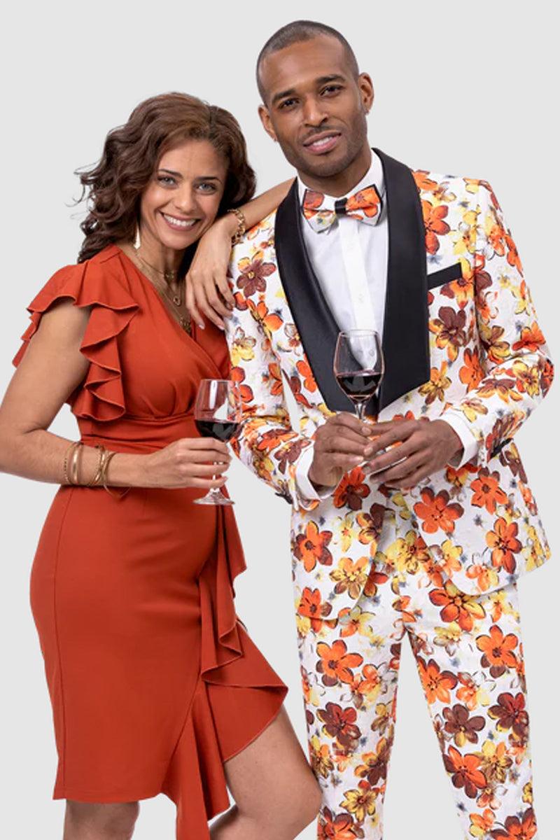 Sleek Orange Floral Square Shawl Tuxedo by EJ Samuel | Alberto Nardoni