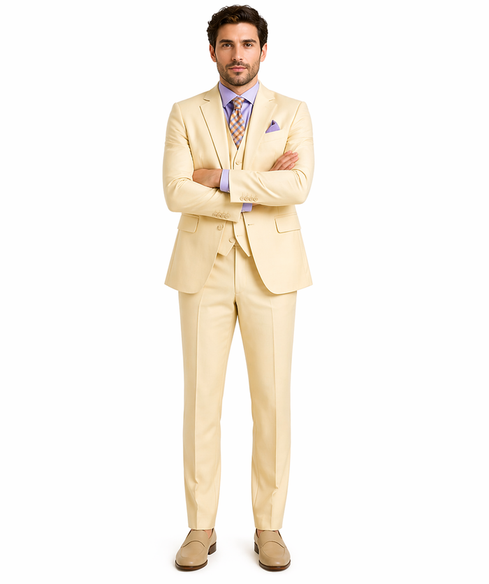 Slim Fit 3 Piece Satin Suit in Champagne Beige