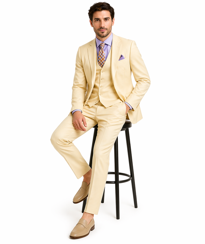 Slim Fit 3 Piece Satin Suit in Champagne Beige