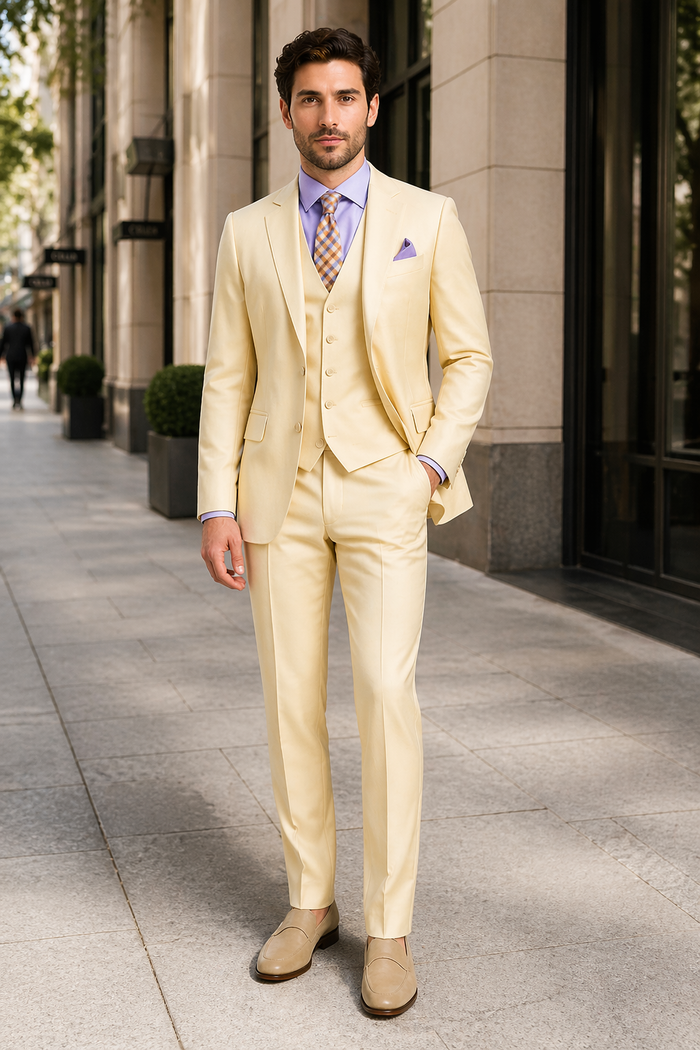 Slim Fit 3 Piece Satin Suit in Champagne Beige