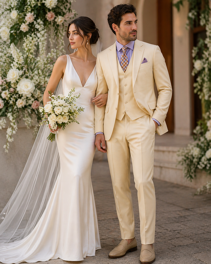 Slim Fit 3 Piece Satin Suit in Champagne Beige