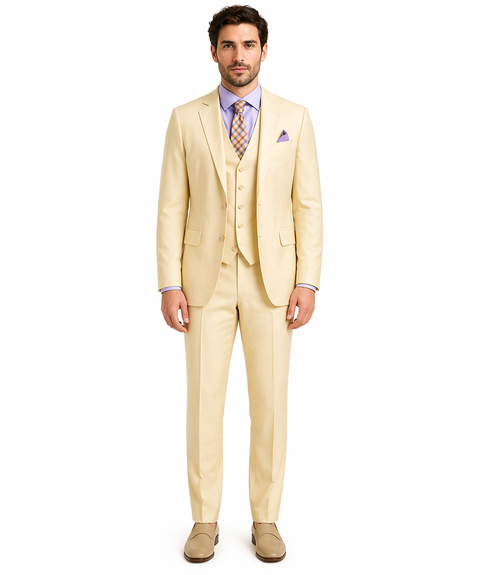 Slim Fit 3 Piece Satin Suit in Champagne Beige