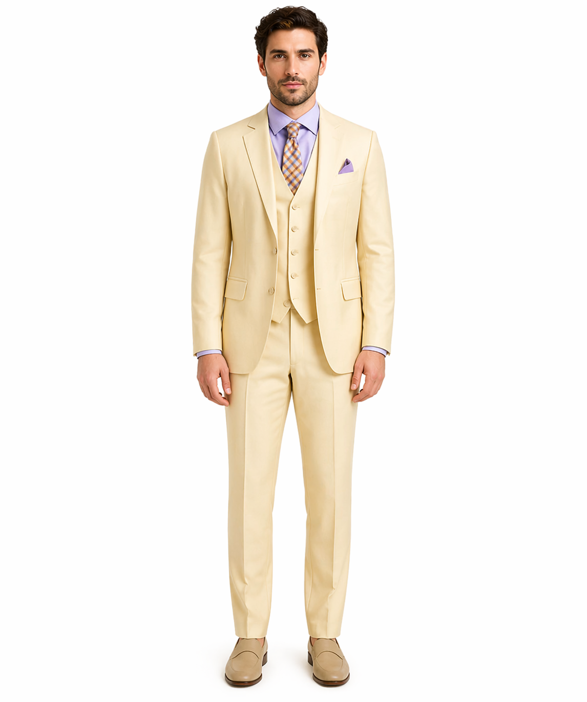 Slim Fit 3 Piece Satin Suit in Champagne Beige