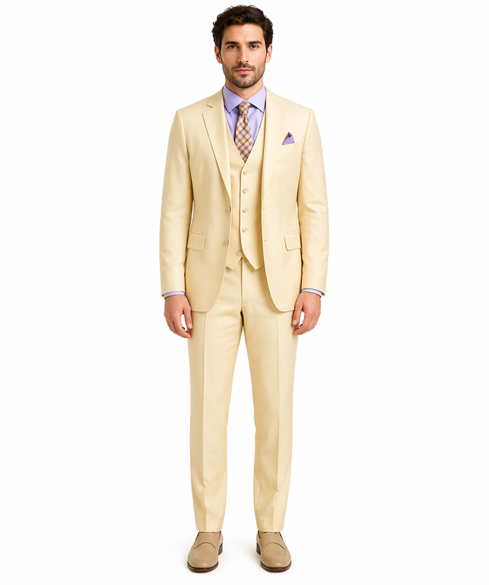 Slim Fit 3 Piece Satin Suit in Champagne Beige