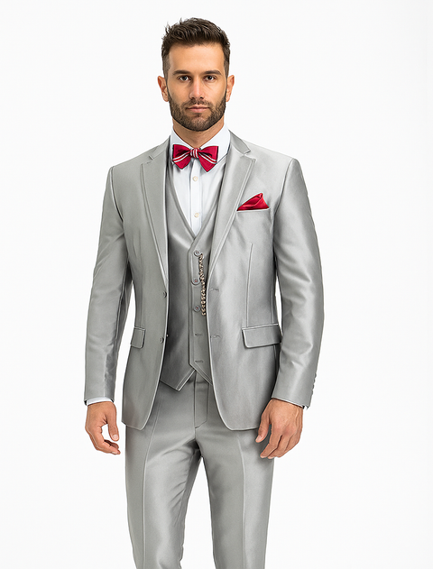 Slim Fit 3 Piece Satin Suit in Silver