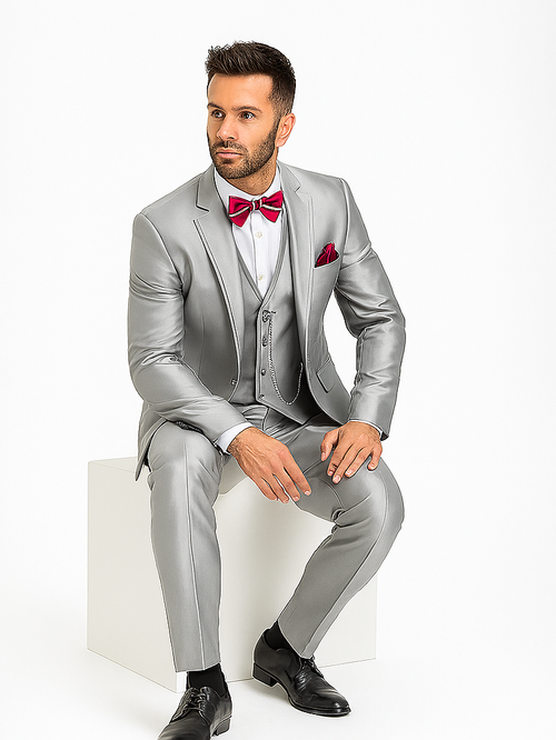 Slim Fit 3 Piece Satin Suit in Silver