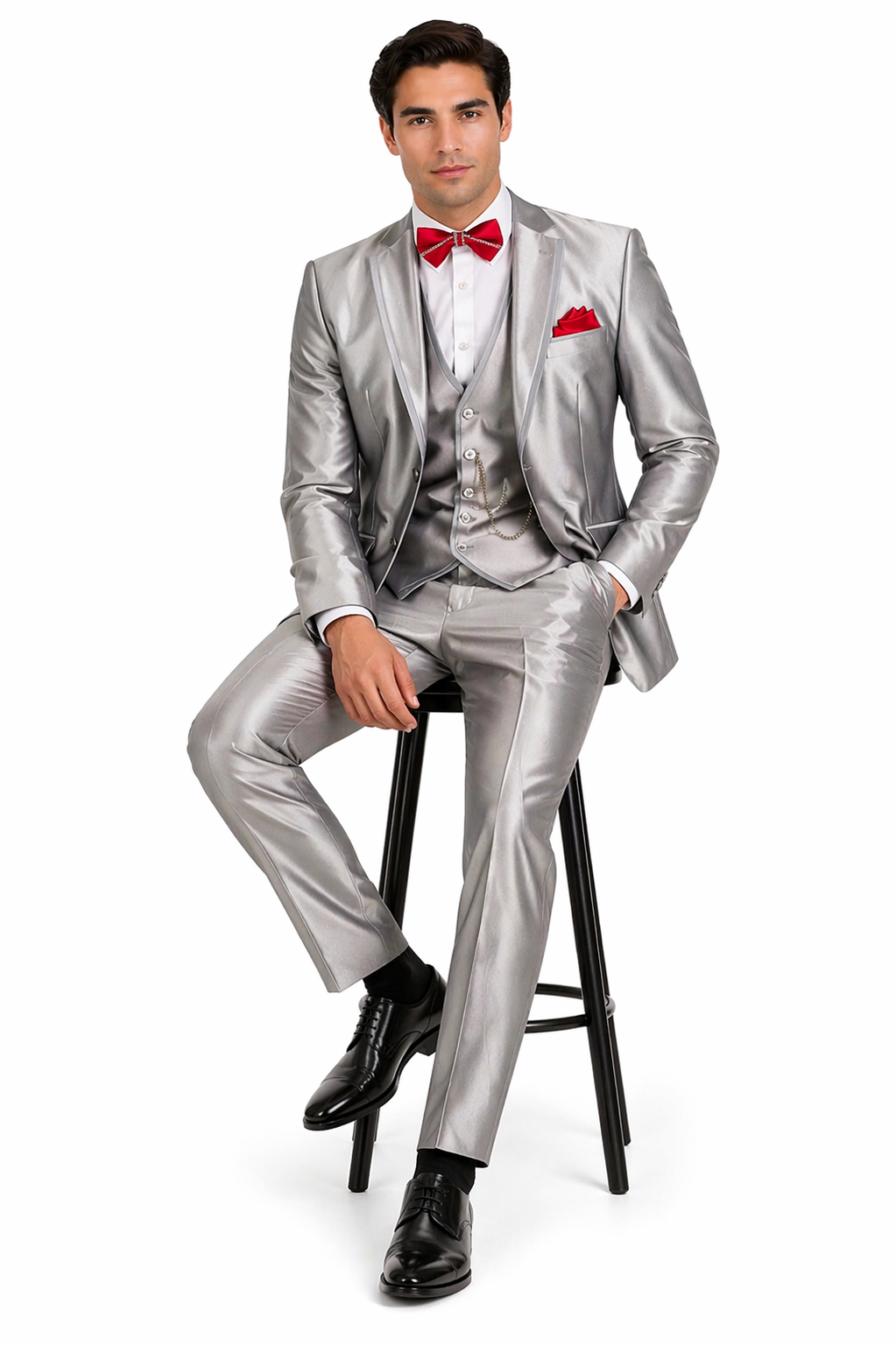 Slim Fit 3 Piece Satin Suit in Silver