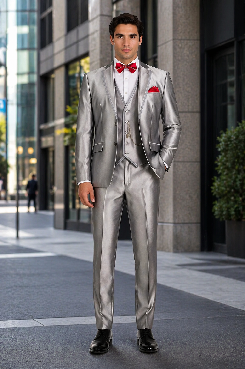 Slim Fit 3 Piece Satin Suit in Silver