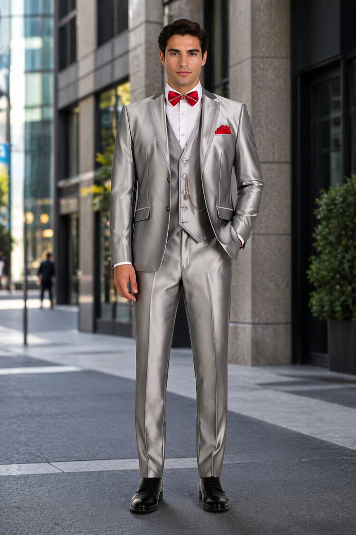 Slim Fit 3 Piece Satin Suit in Silver