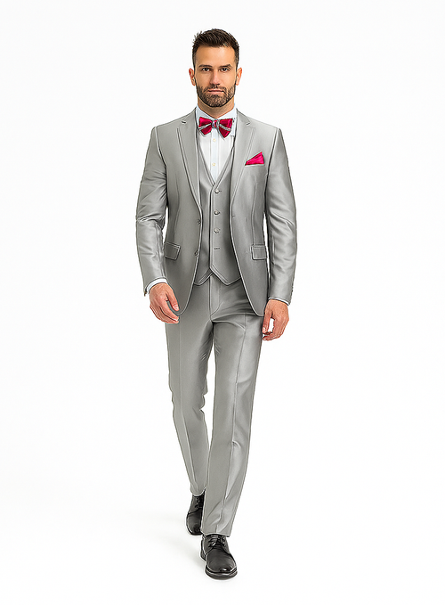 Slim Fit 3 Piece Satin Suit in Silver